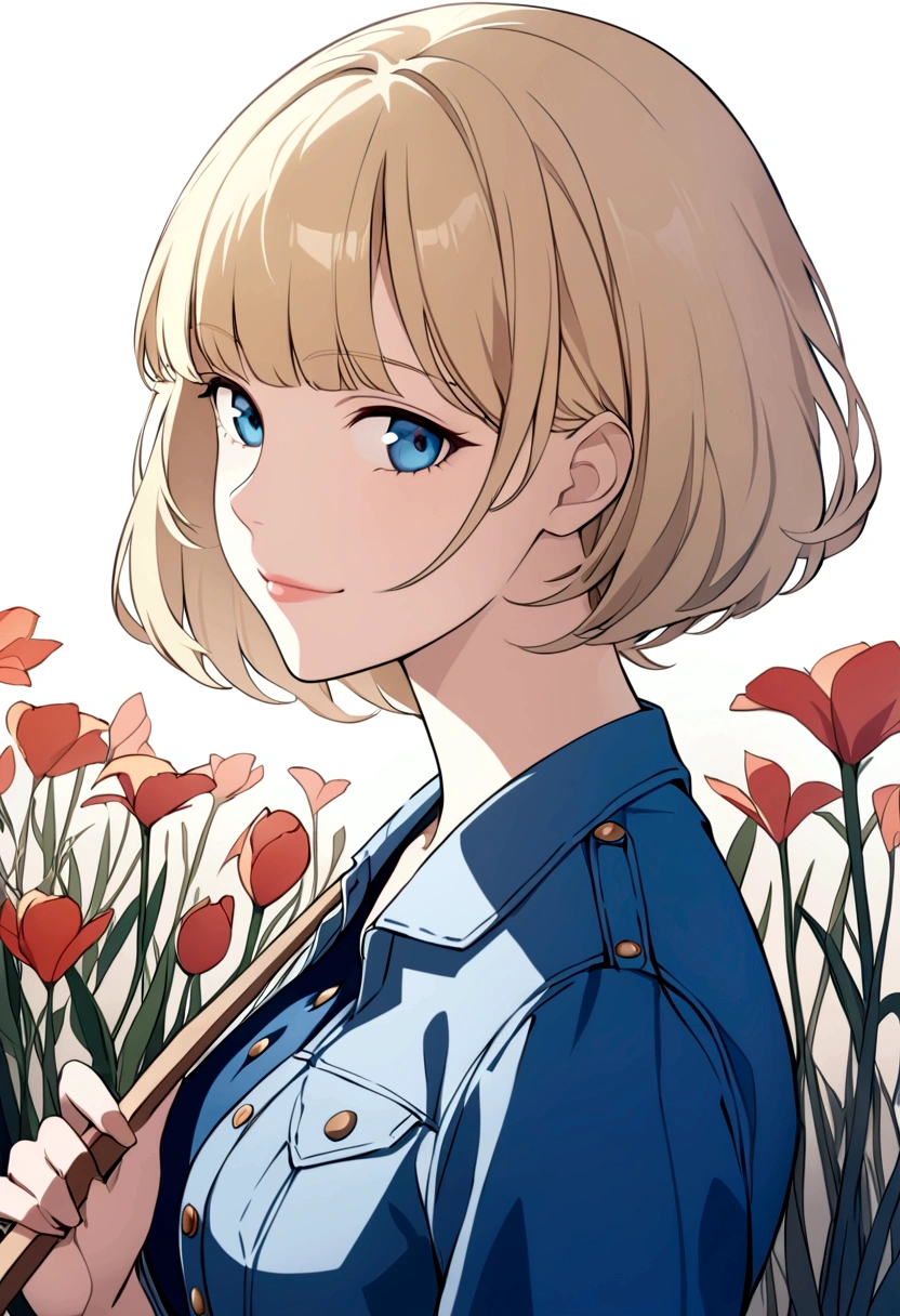 slender, mature female, solo, blonde_hair, closed_mouth, holding, 1girl, blue_eyes, blue_shirt, bangs, lips, short_hair, long_sleeves, shirt, flower, looking_at_viewer, uniform, looking_away, smile, light_smile, denim_jacket, buttons, from_side, fine_art_parody,