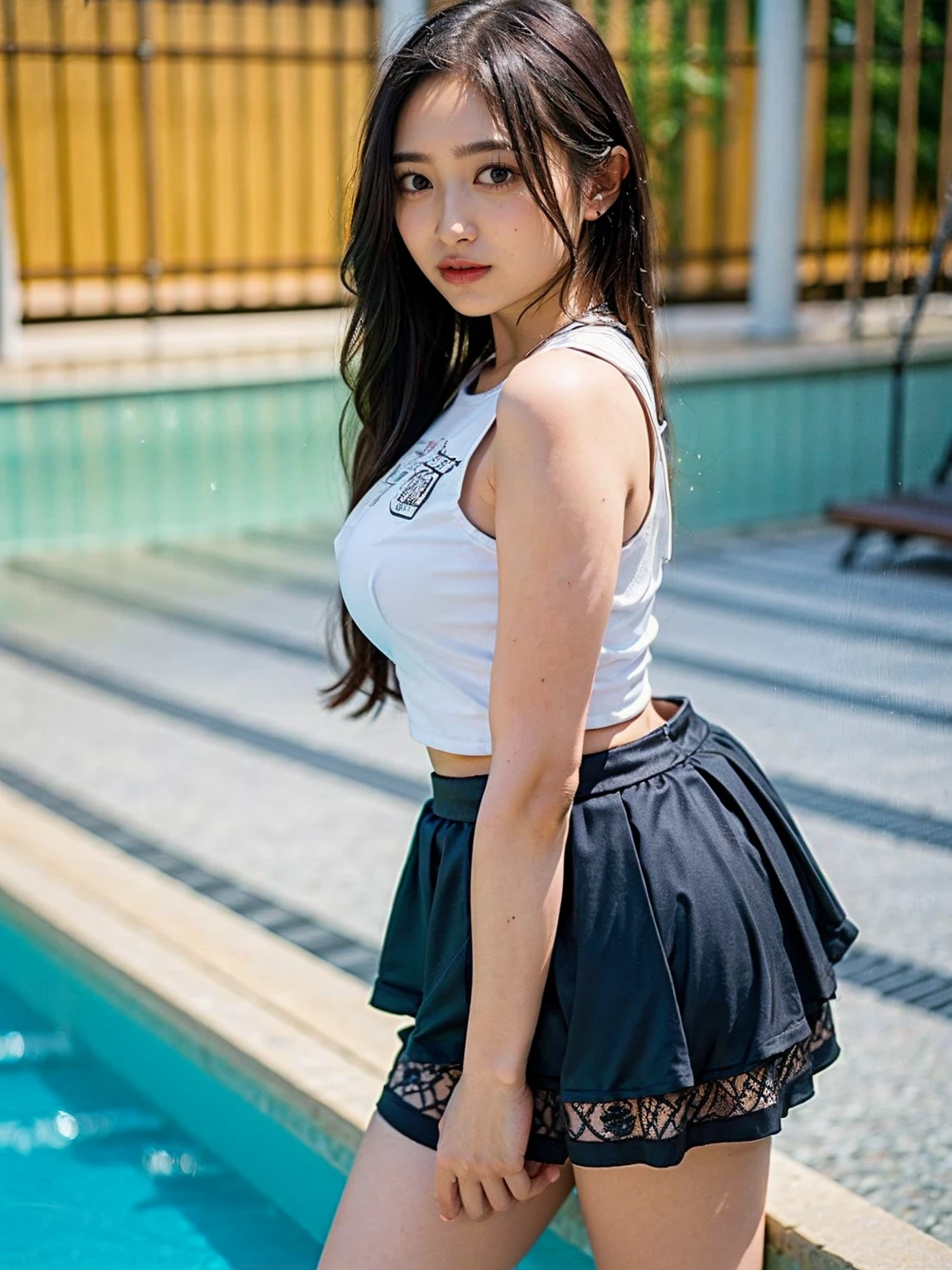 ((masterpiece, Highest quality)),Best aesthetics,One girl, Sitting with legs apart, Poolの中,Pool, Long Hair, Outdoor, Chair, View your viewers, Focus Only, Brown eyes, mini skirt, Romper Swimsuit, Black hair twin tails, bangs, Sit with your legs apart,smile,(skirt lift:2.0),Black Swimsuit,Wet Hair,,,(1 girl panty shot kirt:1.4)