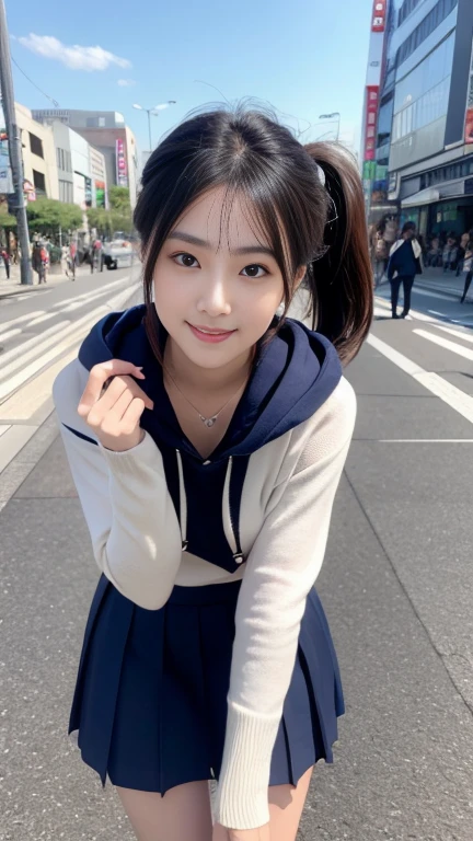 (masterpiece:1.3), (8K, Photorealistic, RAW Photos, Best image quality: 1.4),20 year old cute Japan woman、(Medium Hair)、(ponytail)、(Perfect body)、(Perfect proportions)、Super detailed face、double eyelid、Sharp focus:1.2、Jet Black Hair、Straight Hair､Highest quality、masterpiece、Ultra-high resolution、(Photorealistic:1.4)、(hoodie)、(Flared mini skirt)、whole body, Long legs、Highly detailed face, Beautiful Eyes, double eyelid､Are standing､sunny、Bend over and peer at me、smile、Looking up、Tokyo cityscape、Outdoor、blue sky、