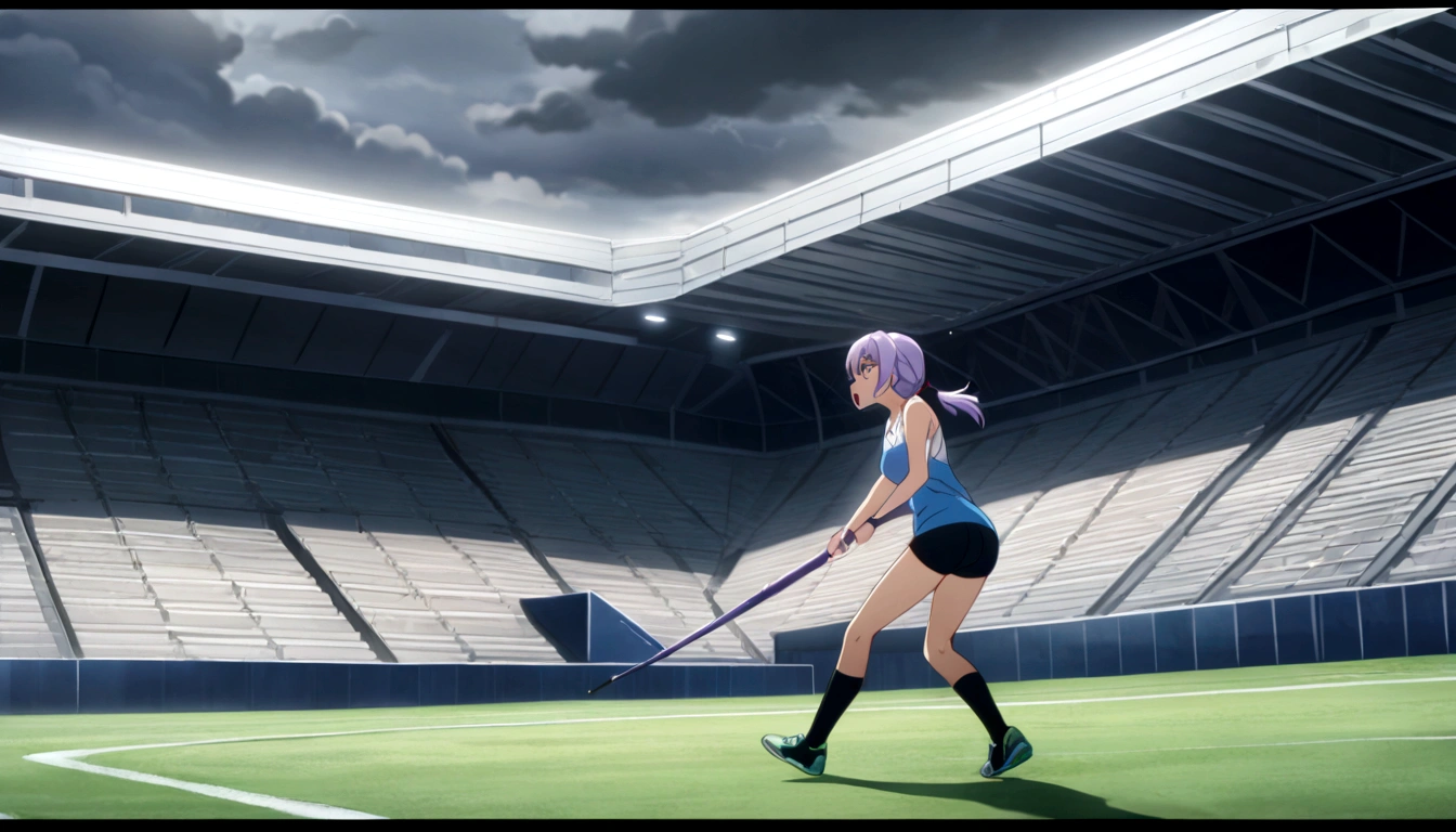 score 9, source anime, wide shot, a Female athlete throwing a javelin in the stadium, dynamic angle, perfect face, playful expression, low ponytail, sweat, outdoor, overcast sky, shiny day, dramatic lighting, cinematic, best quality, 8k, masterpiece, ultra-detailed,