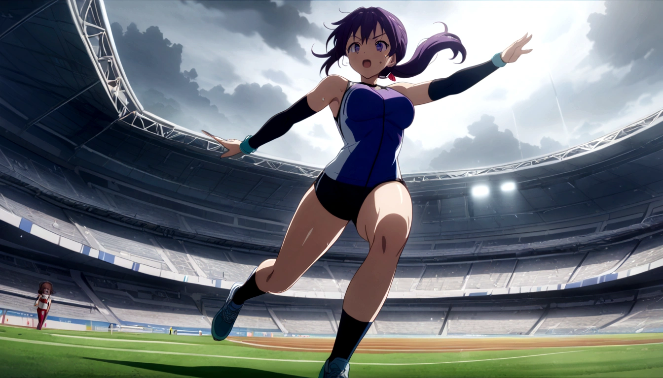 score 9, source anime, wide shot, a Female athlete throwing a javelin in the stadium, dynamic angle, perfect face, playful expression, low ponytail, sweat, outdoor, overcast sky, shiny day, dramatic lighting, cinematic, best quality, 8k, masterpiece, ultra-detailed,