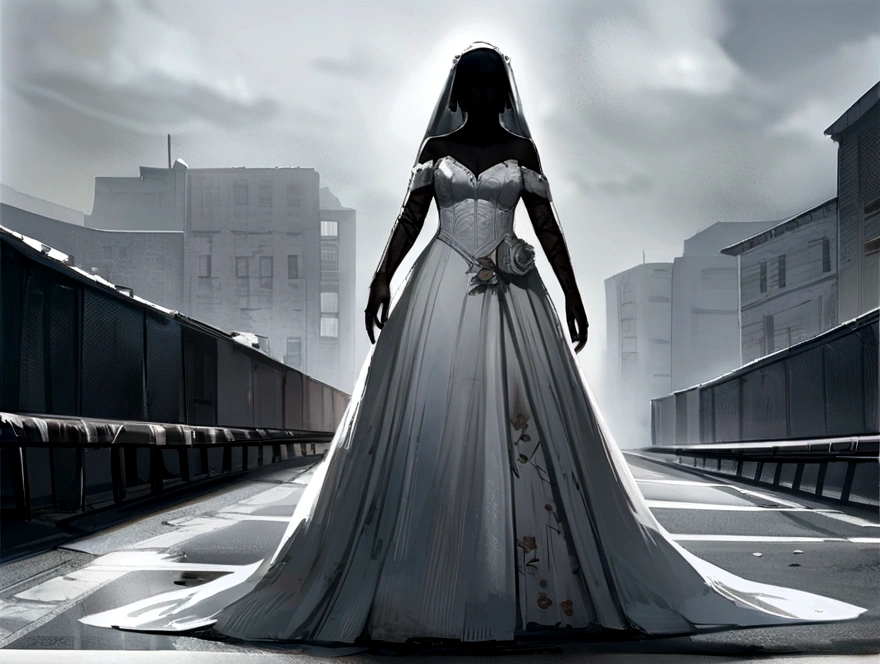 Woman in a wedding dress in the middle of a road, dirty and stained, face covered by the veil, 4k, gloomy hd, realist, high quality, scary road, not near the screen, black and white