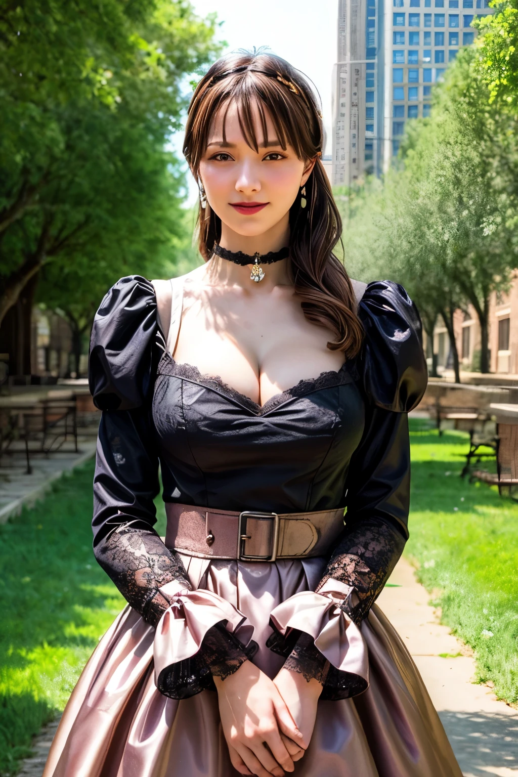 (nsfw:-2.0), (realistic, photo-realistic:1.4), (best quality,masterpiece:1.2), RAW photo, high resolution, intricate details, extremely detailed, realistic and sharp details, cinematic lighting, (portrait, frontal photography), solo, 1girl, (doll-like appearance), (steampunk-style cosplay), (large breasts, cleavage), dark hair, detailed face, detailed eyes, smile, (pastel color clothes), bell-shaped skirt, petticoats, sweetheart neckline, puffed sleeves, detailed lace, detailed embroidery, accessories and matching headpiece, choker, large sparkling jewelry, ankle strap pumps, photo background, outdoors, (city ruins, ruins, concrete), nature, overgrown,,,