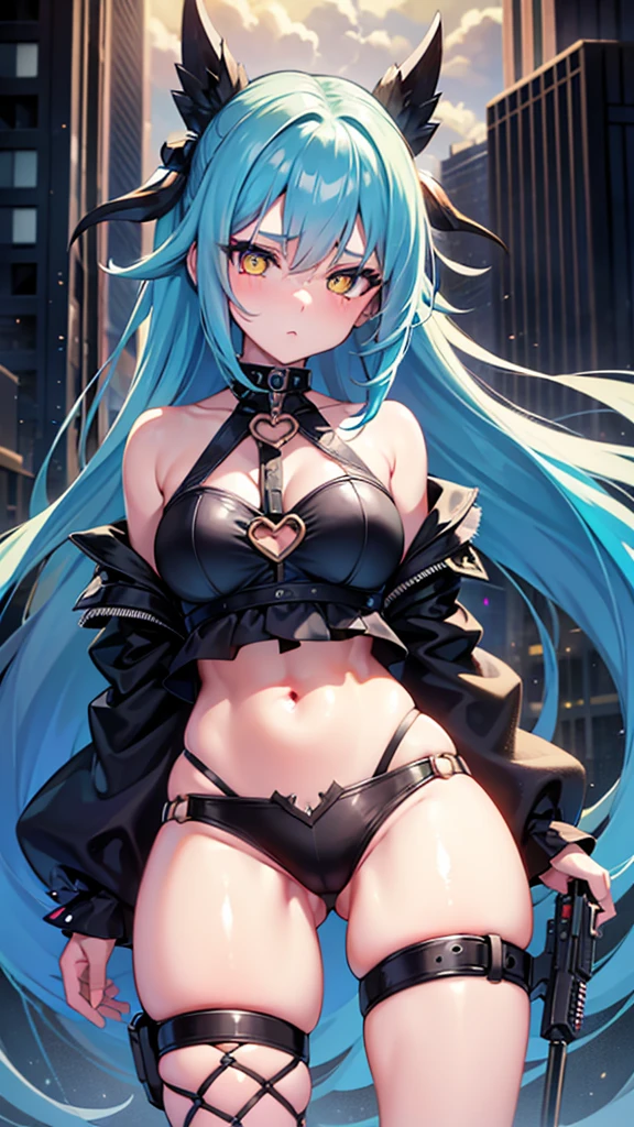 A girl, blue hair, yellow eyes, long hair, forehead, punk-girl (grs-), gun to head, {heart shaped pupils},From below, above the thighs