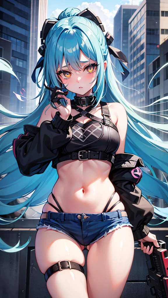 A girl, blue hair, yellow eyes, long hair, forehead, punk-girl (grs-), gun to head, {heart shaped pupils},From below, above the thighs