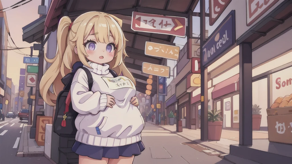 masterpiece, best_quality, 1girl, solo, super pochaco, blonde hair, plump, sweater, city