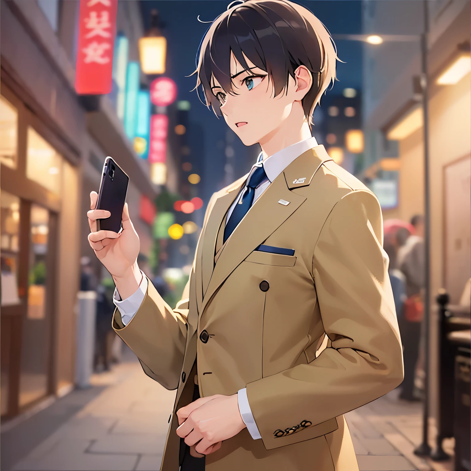 upper body、shiny skin、holding a phone, calling on a mobile phone, (looking away:1.5), side angle, masterpiece、Highest quality、(25-year-old male:1.5) and (Brown short hair) and (Green Eyes), (Wearing a suit:1.3) and (Blue tie)、Are standing、worry、open mouth, The background is a shopping street at night、(Alone:1.5)