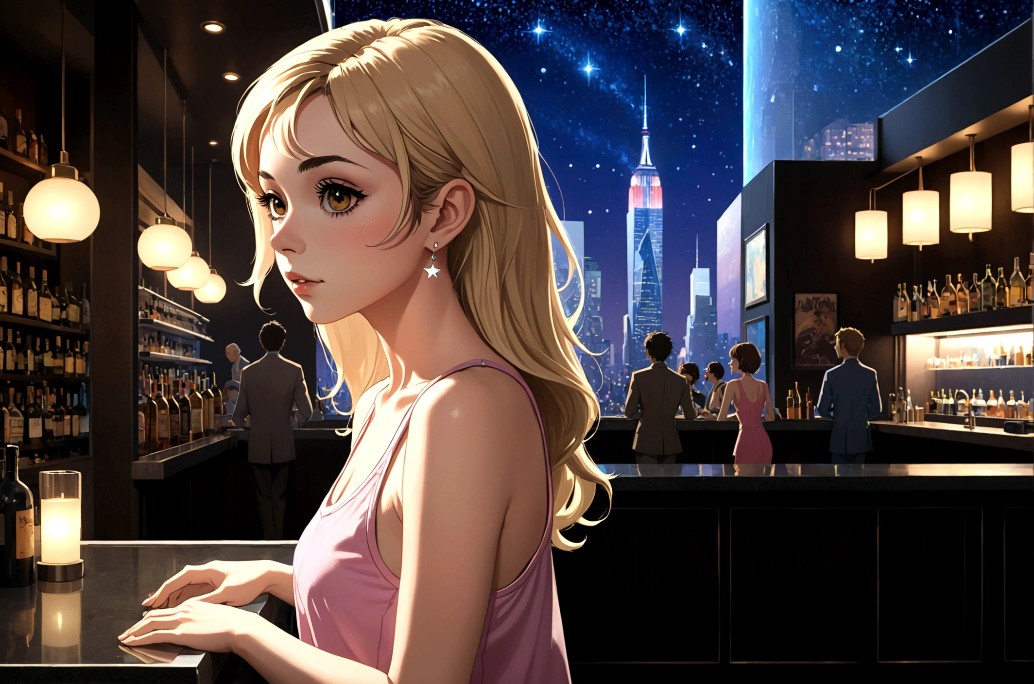 Uses Makoto Shinkai&#39;The depiction is perfect,Portrait of Cher Lloyd,8k 4k masterpiece photo ,new york,Glass ceiling jazz bar,I can see the twinkling stars through the glass window.,that&#39;Outside in the dark night,Jazz is playing,Profile close-up,Beautiful profile,Semi-long hair,Blonde,Look in a different direction,Standing alone at the counter,A tight fitting pink tank top,Large bust