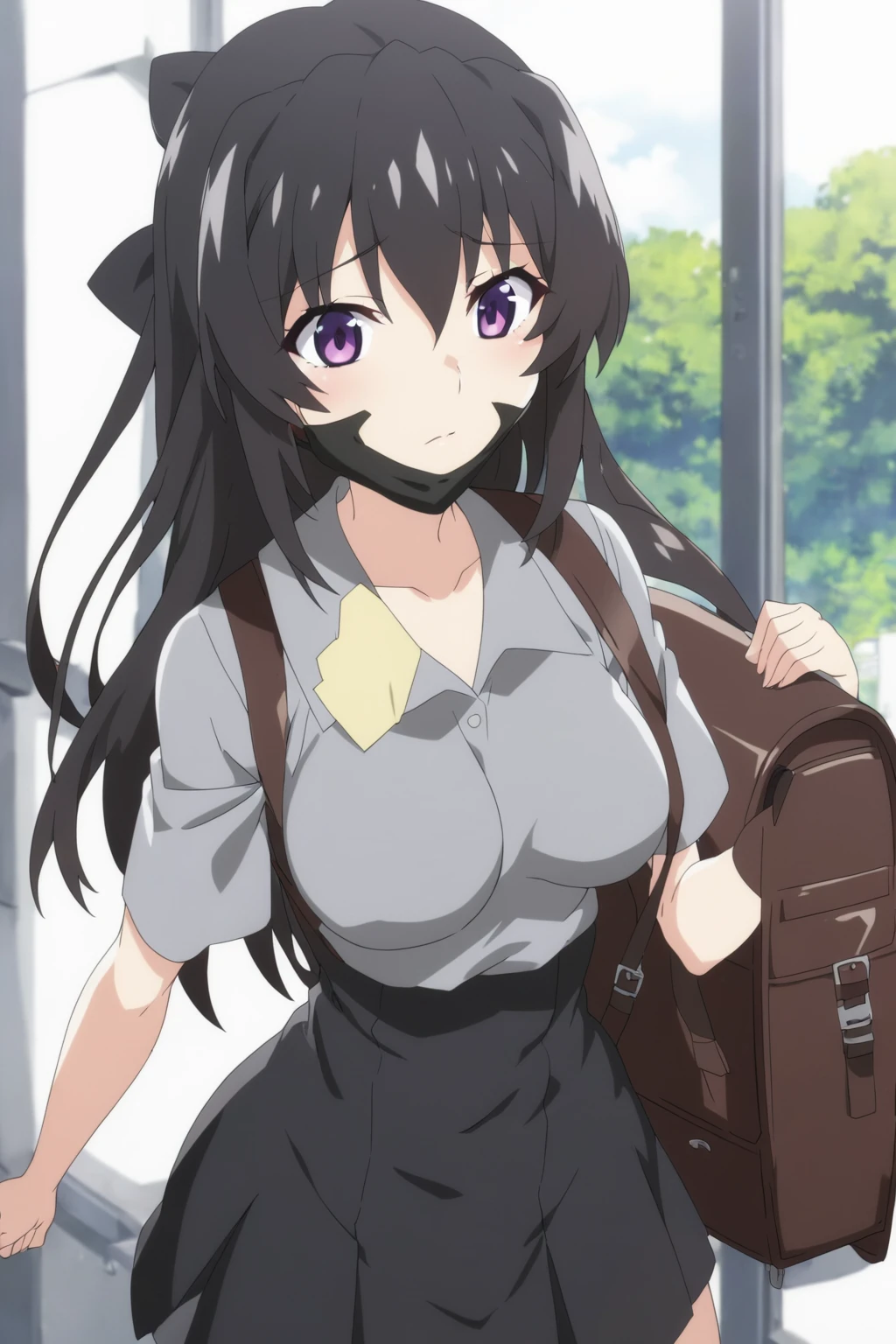 anime girl with a backpack and a mask on her face, purple eyes, anime moe artstyle, cute anime waifu in a nice dress, anime visual of a cute girl, beautiful anime high school girl, gray shirt, short skirt, anime girl with long hair, long straight hair, high quality anime artstyle, from girls frontline, anime style 4k, mature anime girl, anime girl wearing a black dress, kantai collection style,black shiny hair, normal breast