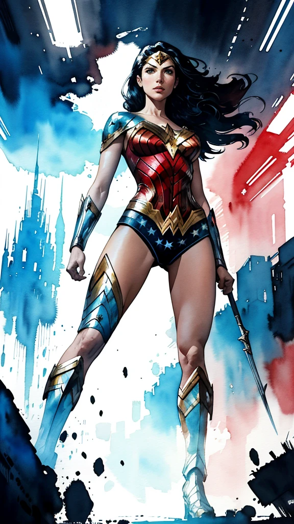 Wonder Woman, closed mouth, looking at viewer, full body covered in high-tech clothes, standing pose, from below, fantasy, high contrast, ink strokes, explosions, over exposure, impression , abstract, ((watercolor painting by John Berkey and Jeremy Mann)), brush strokes, negative space, good anatomy, good proportions, good architecture, realistic:1.25, cantered, high detail, high resolution, 8k, stunning, mascular body, Style-Hamunaptra:0.4,
