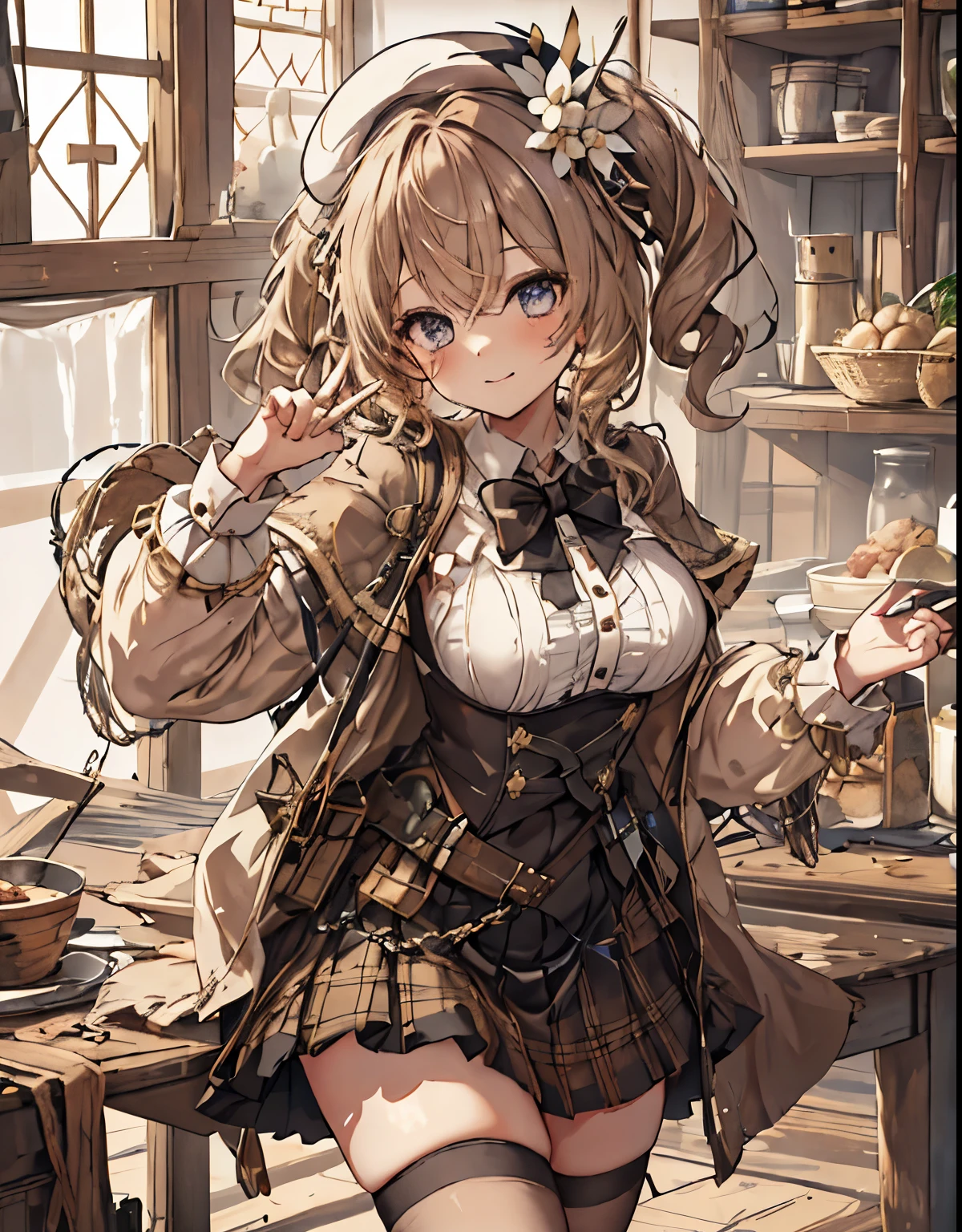 masterpiece, 1girl, sparrow, a light brown haired girl, wearing a prietess clothes, messy short hair, messy hair, slim body, brown capelet, he close her left eye, shirt ornament, ruby eyes, ahoge, , bige breast, beautiful breasts, rounded breasts, long sleeves, beautiful eyes, white stocking, droopy eyes, skirt, black skirt, plaid skirt, her age is 19 years old, ricefield, bowtie, tight shirt, skirt, barbara, lovely face, medium hair, lovely smile, curly hair, white beret, sit, innocent face