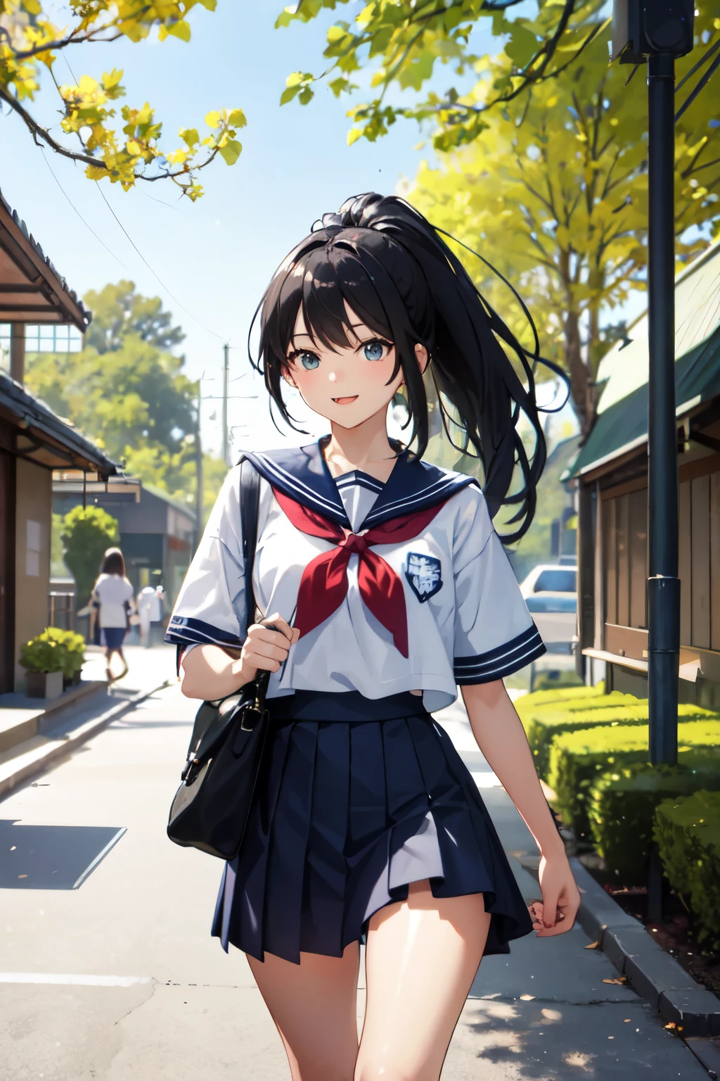 "Create an anime-style illustration featuring a cheerful girl with long, flowing blown hair styled in a ponytail. She should be walking home from school, wearing a typical Japanese summer high , which includes a white short-sleeved blouse with a blue sailor collar, a red neckerchief, and a mini skirt. The background should depict a sunny school environment with other students in the distance, trees, and school buildings. The overall atmosphere should be vibrant and lively, capturing the essence of a sunny, cheerful day after school."