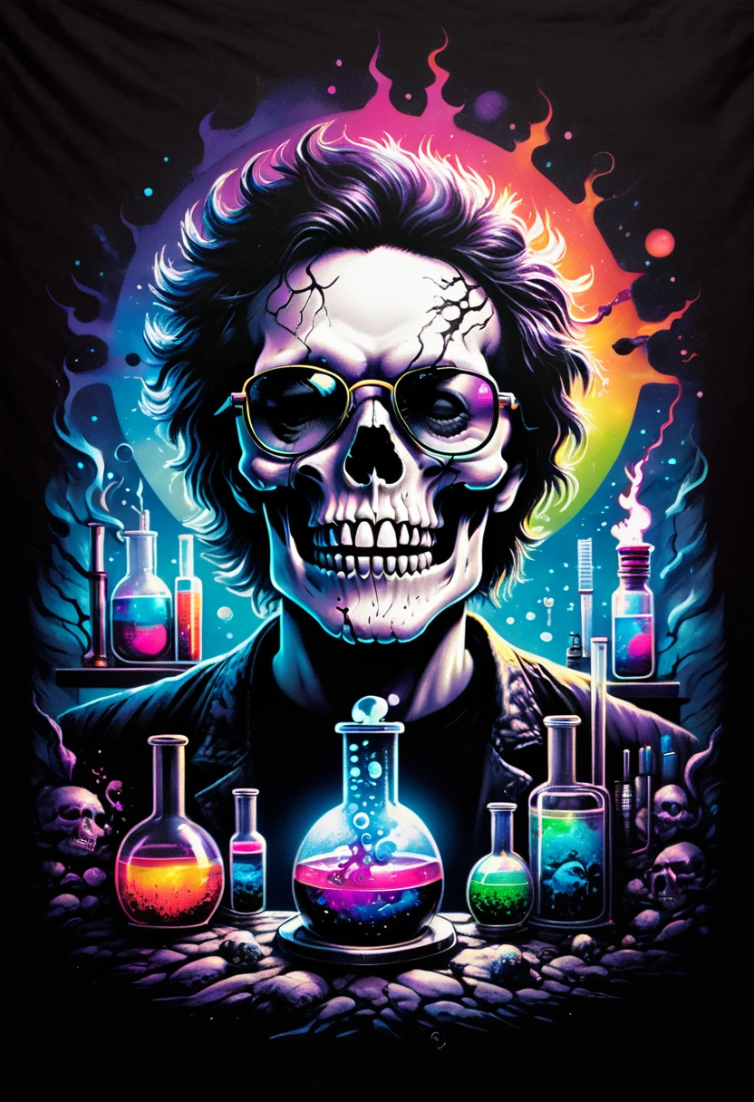 Design a t-shirt featuring a fantasy skullart illustration of a  scientist scary skull with curley hair, sunglasses, colorful glowing chemical laboratory glassware, Combine a detailed black and white drawing with vibrant, colorful digital fantasy style chemical elements. Draw inspiration from the intricate and dynamic styles of Dan Mumford, junko mizuno, and Frank Frazetta.negative space