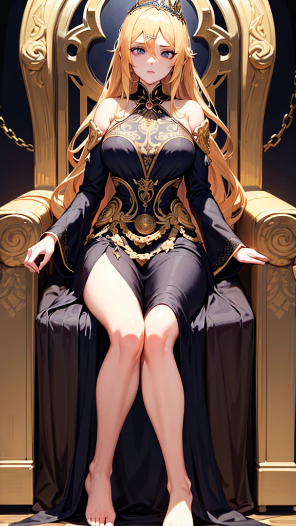 a beautiful elegant woman, flowing golden hair, piercing blue eyes, ornate black gown, intricate golden details, sitting on ornate throne, grand hall of castle, regal, goddess, queen, ceremonial dress, photorealistic, 8k, ultra-detailed, cinematic lighting, dramatic shadows, intricate details, vibrant colors, golden crown on head, bare feet, seios médios, coxas grandes