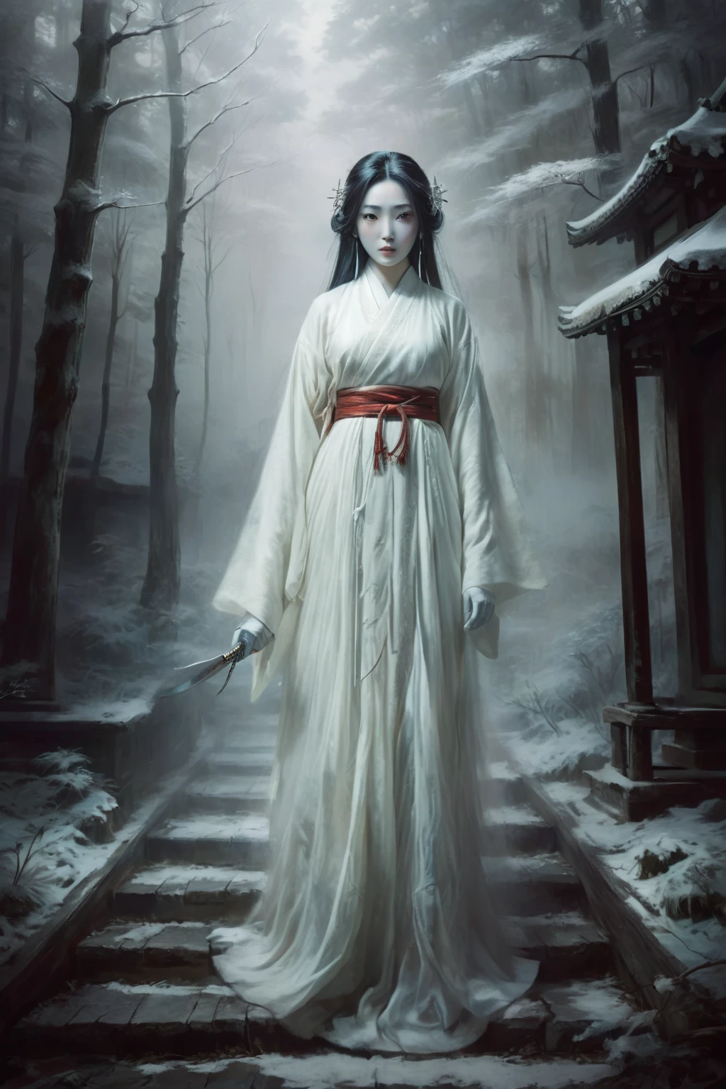 Arabian woman in white dress holding sword in snowy forest, Ancient Chinese Goddess, Japanese Goddess, Jinnah Chan, Inspired by Li Mei-shu, Winter Goddess, Inspired by Chen Yifei, Gweiz-style artwork, Inspired by Kinno, Portrait of Sadako from the Ring, The sharp gaze of the Yuki-onna