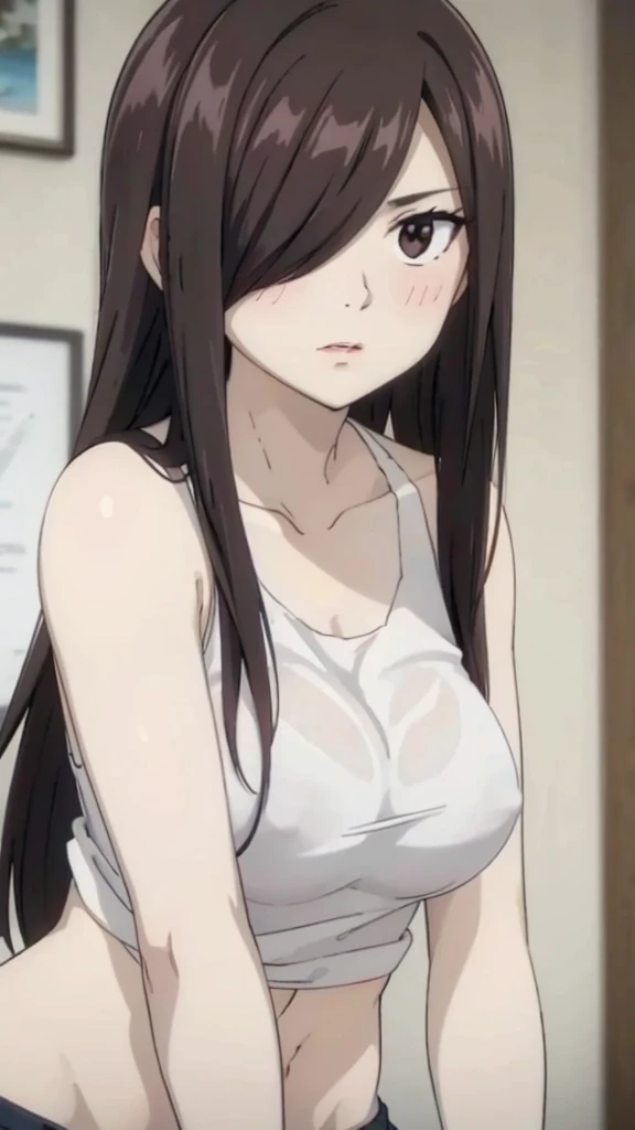 Cute ,  women,realistic skin, tanktop see through nipplestic breast, saggst, nipple out colours lighting, pale white skin, mature women,black hair, long (hair over one eye:1.4), Messy hair,straight hair,hair between eyes ,sleepy eyes ,beautiful,pucker lips,charm,pubic hair pussy,dense pubic hair, cute shy blu 