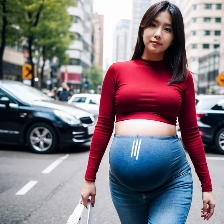 very very big pregnant midriff asian beautiful woman,belly button, city,long sleeve croptop and jeans,walking