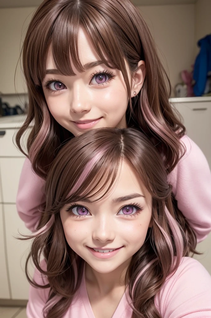 Screenshot boku no hero academia (Brown hair with waves and pink frontal highlights ,Pink eyes .She is in a cute photo taking pose and smiling brightly. female anime character