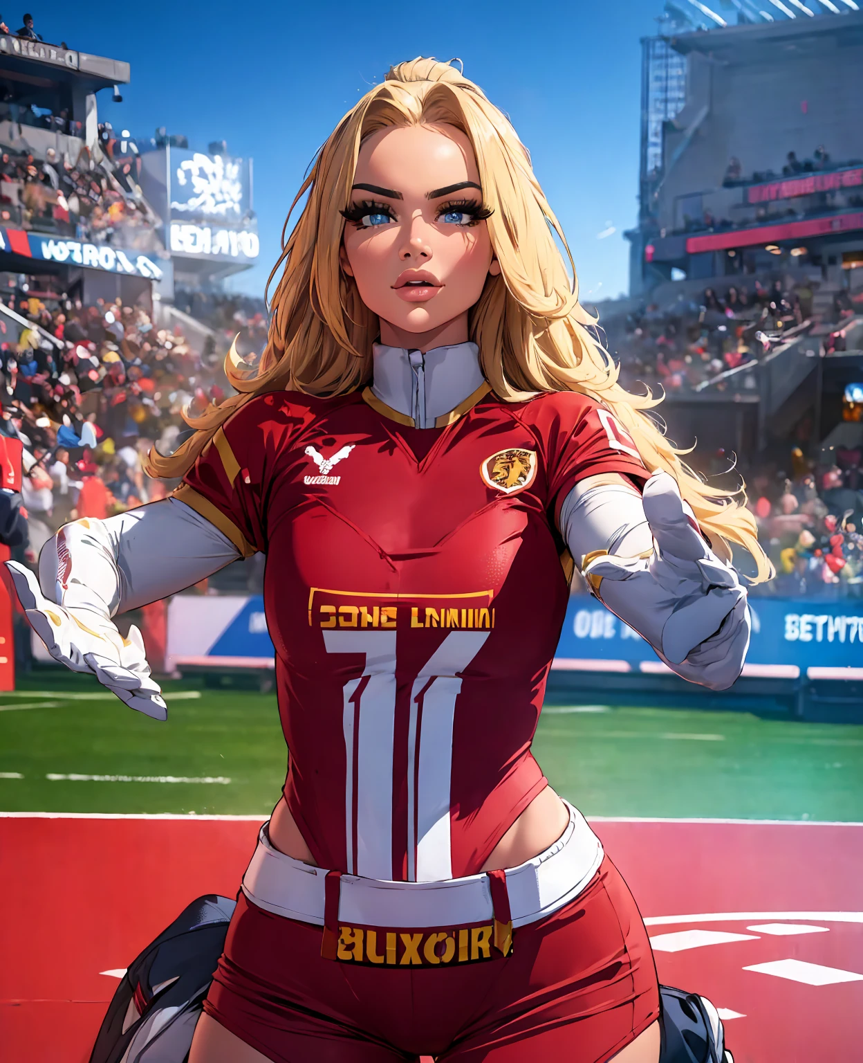 a sexy young woman in a football uniform, beautiful detailed eyes, beautiful detailed lips, extremely detailed eyes and face, long eyelashes, athletic and fit body, slight smile, dynamic pose, football field background, golden hour lighting, vibrant colors, (best quality,4k,8k,highres,masterpiece:1.2),ultra-detailed,(realistic,photorealistic,photo-realistic:1.37),cinematic composition,dramatic lighting,heroic,cinematic