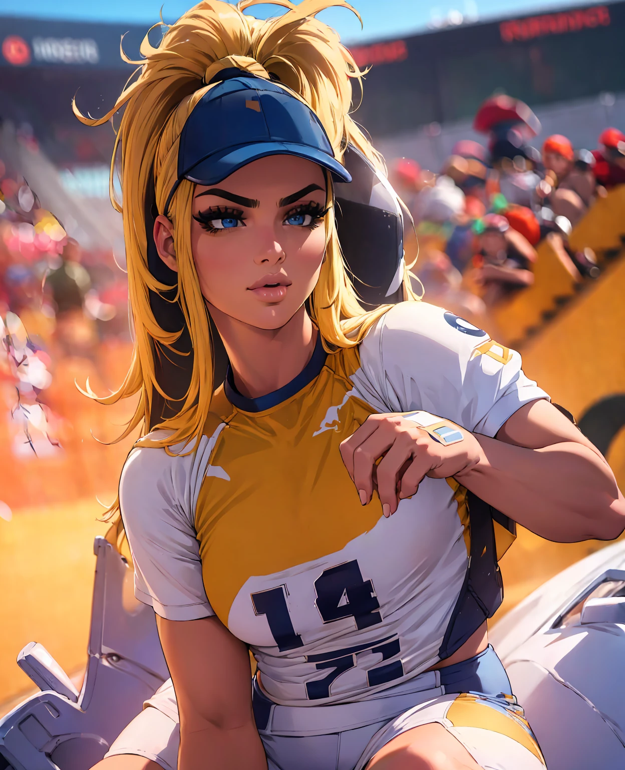 a sexy young woman in a football uniform, beautiful detailed eyes, beautiful detailed lips, extremely detailed eyes and face, long eyelashes, athletic and fit body, slight smile, dynamic pose, football field background, golden hour lighting, vibrant colors, (best quality,4k,8k,highres,masterpiece:1.2),ultra-detailed,(realistic,photorealistic,photo-realistic:1.37),cinematic composition,dramatic lighting,heroic,cinematic