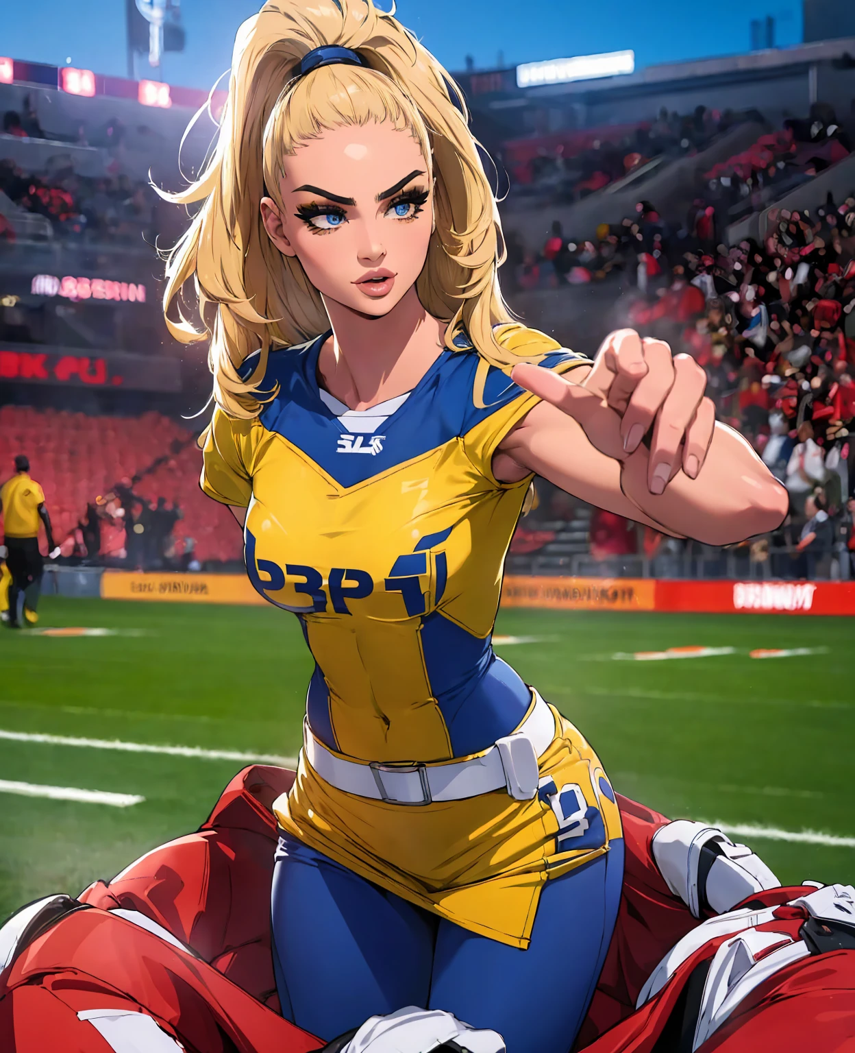 a sexy young woman in a football uniform, beautiful detailed eyes, beautiful detailed lips, extremely detailed eyes and face, long eyelashes, athletic and fit body, slight smile, dynamic pose, football field background, golden hour lighting, vibrant colors, (best quality,4k,8k,highres,masterpiece:1.2),ultra-detailed,(realistic,photorealistic,photo-realistic:1.37),cinematic composition,dramatic lighting,heroic,cinematic