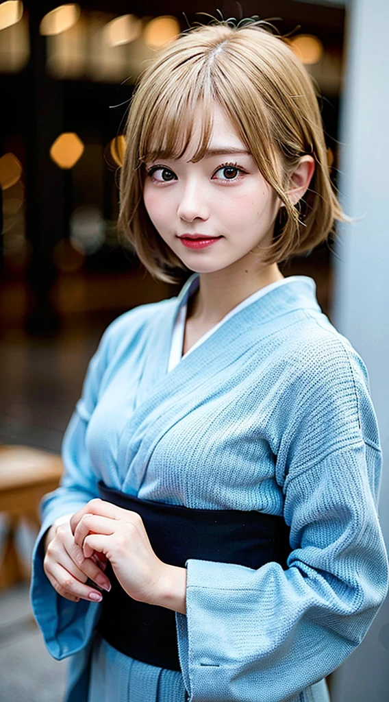 (8K, RAW Photos:1.2), Detailed face and eyes,最high quality, Ultra-high resolution, Very detailed ,Intricate details ,Tabletop ,pretty girl , Soft cinematic light, Hyper Detail,Sharp focus, high quality, Blonde, Bobcut, yukata,  outside, Browsing Caution, Tie your hair back
