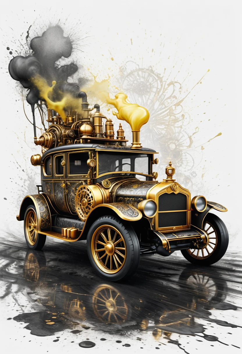 Logo on (((white background: 1.5))). creating splashes. Sci-fi steampunk style. Atmospheric Haze, Detailed 18th century retro steampunk machine with vintage design and intricate gold and black mechanical elements ((gears: 1.4)). The retro car has big fat tires and a powerful, ornate turbo engine mounted on top, adorned with various gears, pipes and brass parts. The overall design combines classic automotive aesthetics with a steampunk fantasy car. An explosion of golden ((slime: 1.3)) liquid in the form of paint splatters surrounds the car, creating a dynamic and energetic scene. The background is pure white, highlighting the bright details and metallic texture of the car. The scene is a mixture of retro and fantasy, capturing the essence of steampunk art.