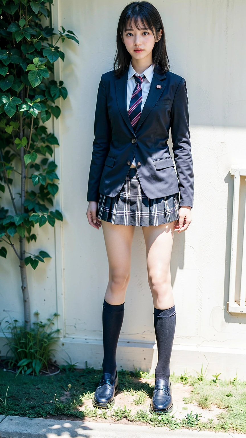 (8K、RAW Photos、Highest quality、masterpiece:1.2)、(Realistic、Realistic)、1 Girl、((Black Check Mini Skirt、High School Uniform、blazer、Navy Socks、loafers、Medium Hair、garden、View from the front、Looking into the camera、Stand with hands on hips))、cute