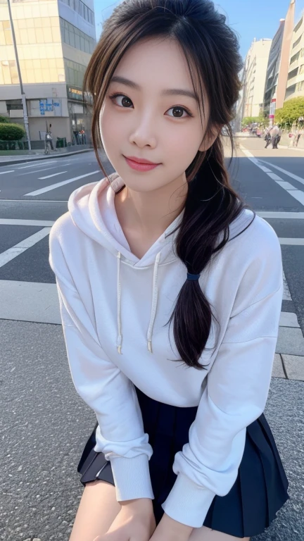 (masterpiece:1.3), (8K, Photorealistic, RAW Photos, Best image quality: 1.4),20 year old cute Japan woman、(Medium Hair)、(ponytail)、(Perfect body)、(Perfect proportions)、Super detailed face、double eyelid、Sharp focus:1.2、Jet Black Hair、Straight Hair、Highest quality、masterpiece、Ultra-high resolution、(Photorealistic:1.4)、(hoodie)、(Flared mini skirt)、whole body, Long legs、Highly detailed face, Beautiful Eyes, double eyelid、Are standing、sunny、Bend over and peer at me、smile、Looking up、Tokyo cityscape、Outdoor、blue sky、