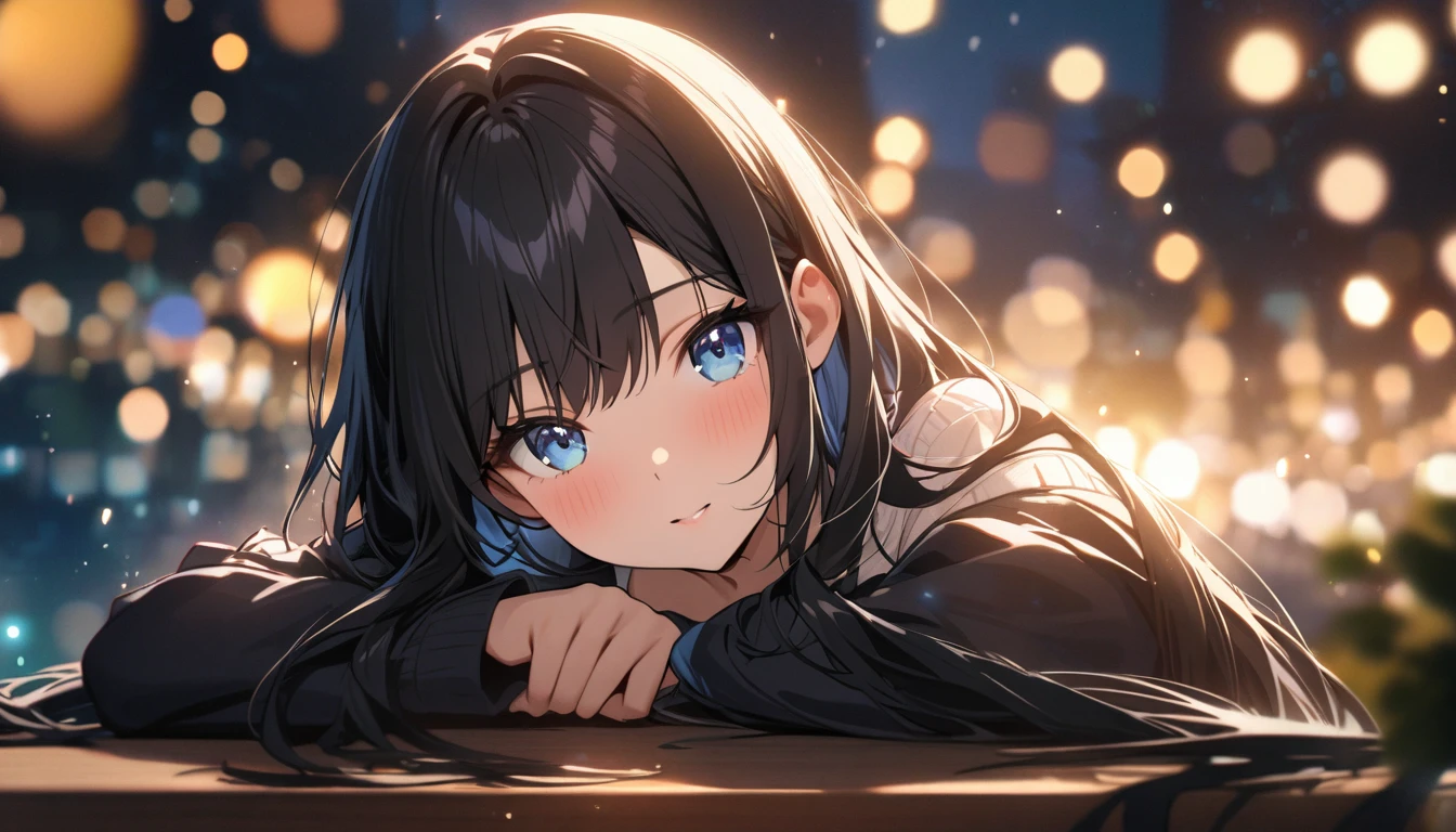 Full resolution, Highest quality, masterpiece, Full HD, Bokeh, particle Bokeh, Depth of written boundary, Beautiful girls, Very detailed, One girl, pretty girl, Black Hair, Long Hair, Blue water eyes