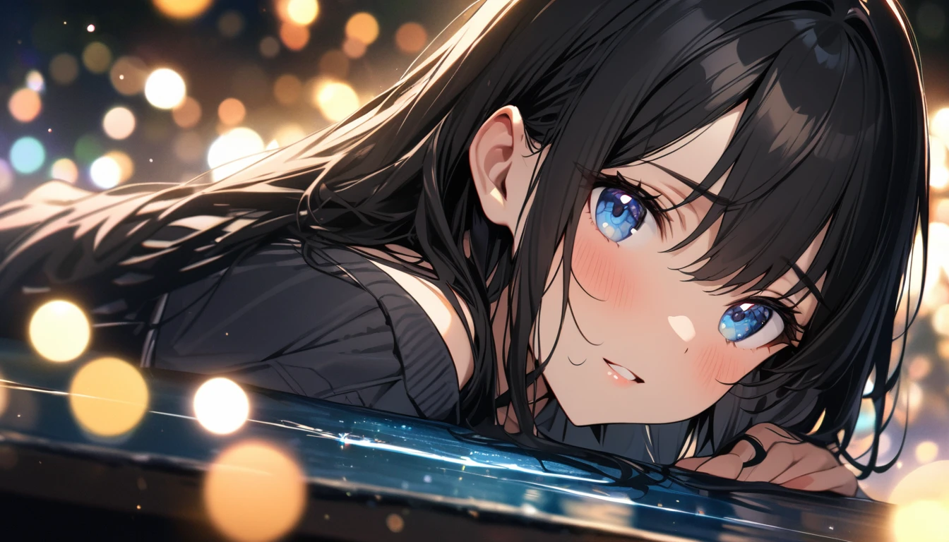 Full resolution, Highest quality, masterpiece, Full HD, Bokeh, particle Bokeh, Depth of written boundary, Beautiful girls, Very detailed, One girl, pretty girl, Black Hair, Long Hair, Blue water eyes