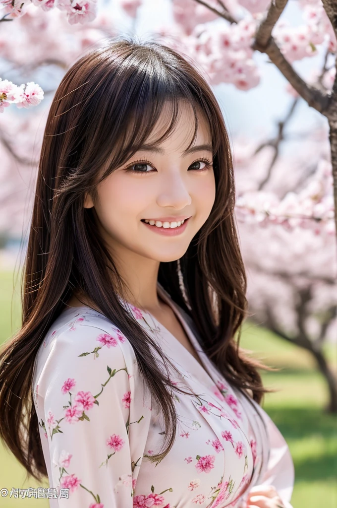 highest quality, figure, Ultra-detailed, finely, High resolution, 8K Wallpaper, 完璧なダイナミックな構figure, ((Sexy pose)), Beautiful Skin, (Big Eyes), 20 year old beauty, Natural color lip, Mid chest, smile, Highly detailed face and skin texture, Detailed eyes, Double eyelid,leaking teeth and laughing, close-up, Brown long hair, (Grey dress shirt:1.2), cherry blossoms