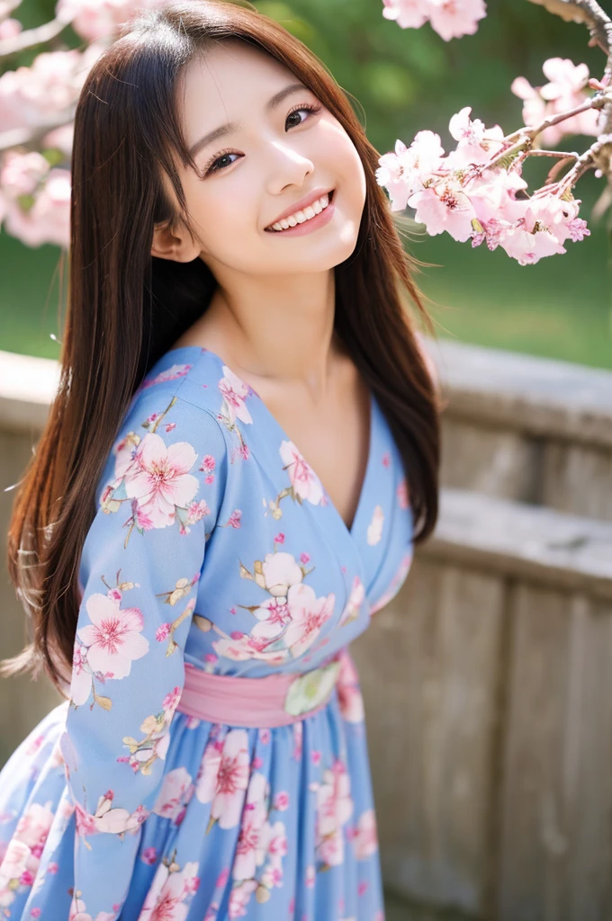Image resolution 8K、masterpiece:1.3)、Beauty、1 female、(魅力的なBody Type:1.2)、abdomen:1.1、Dark brown hairstyle:1.1、(Body Type:1.2)、Ultra-detailed face、Attractive lips、double eyelid、Wearing a cherry blossom patterned one-piece dress、Super realistic and super cute in every detail、Japanese、Japanese女性、20th generation(28 years old)、Smile with a beautiful smile、Hair blowing in the wind、color々Hair style、