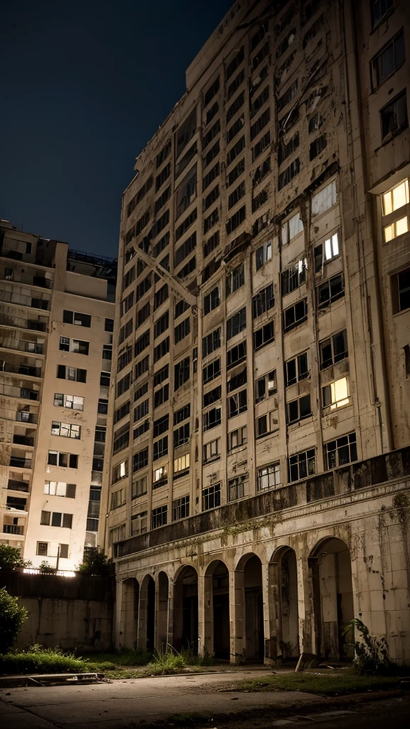 Old and big abandoned hospital, old building, in night ,