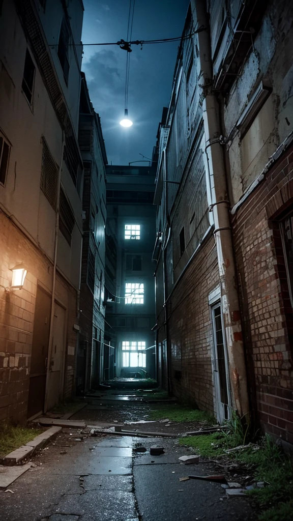 Old and big abandoned hospital, old building, in night , 
