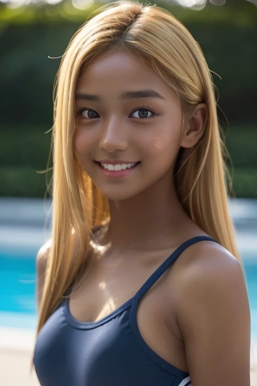 ((I get a tan))、((I have a wheat-colored tan))、((Tanned Gal))、one girl,(Blonde)、 (A beauty girl, Delicate girl:1.3), (:1.3、Highest quality, (RAW Photos: 1.2), (masterpiece: 1.4), (Realistic: 1.4), (High resolution: 1.4)((Gal 15 years olded skin))((Gal Makeup))、(Gal Hairstyles)、(Very detailed美しい顔)、,((Navy school swimsuit)),Are standing,Looking at the audience,Poolside,(smile:1.2),blonde、,Dynamic Angle, (Highest quality,masterpiece:1.2),Confused,High resolution,Very detailed,Very detailed,32k, Movie-like scene,Detailed Background,alone,Dynamic Angle, Hair blowing in the wind,Beautiful and exquisite