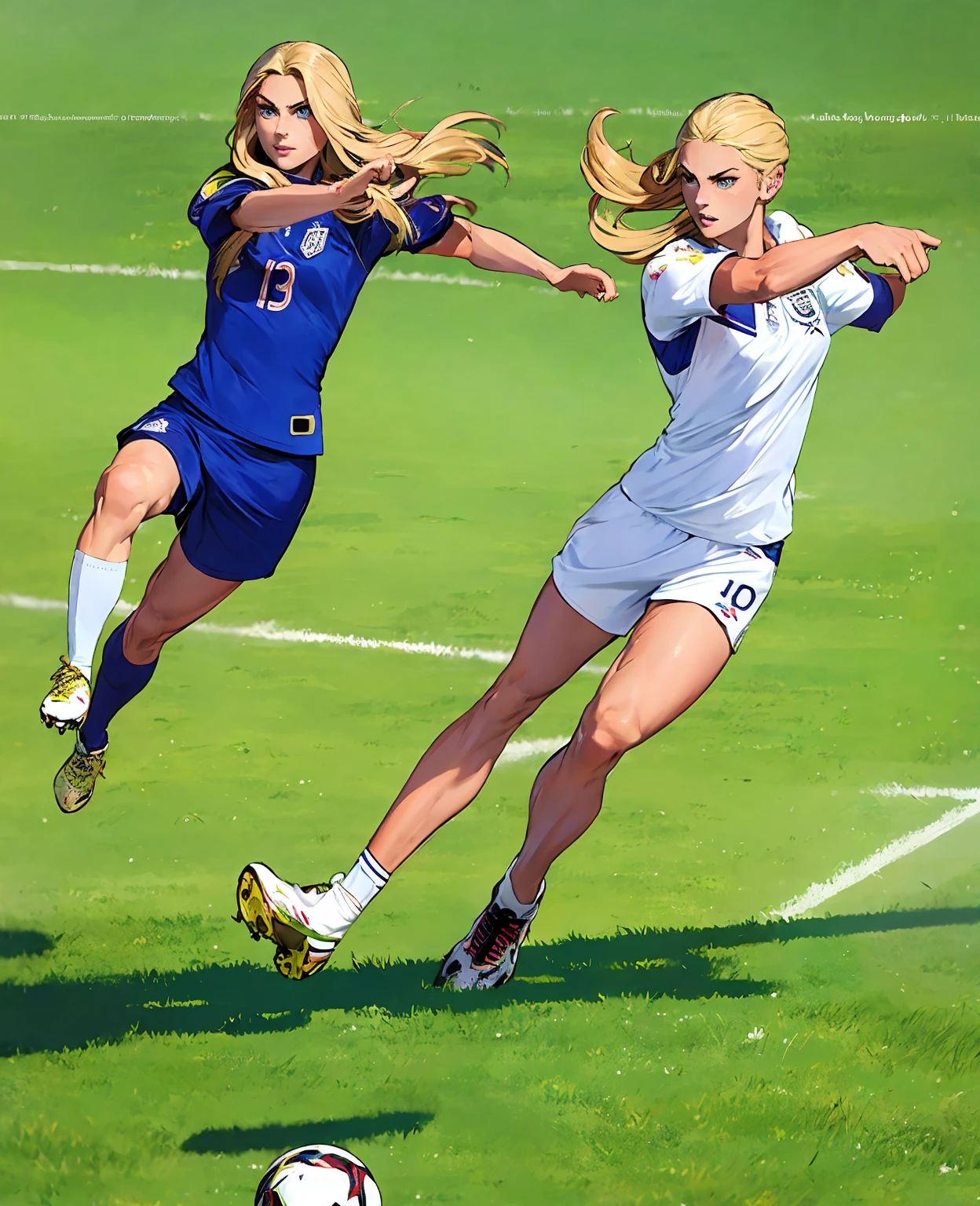 a beautiful, athletic woman with long blonde hair, blue eyes, and a fit physique wearing a soccer uniform, playing soccer on a grassy field, dynamic action pose, highly detailed, photorealistic, dramatic lighting, vibrant colors, cinematic, masterpiece, 8k