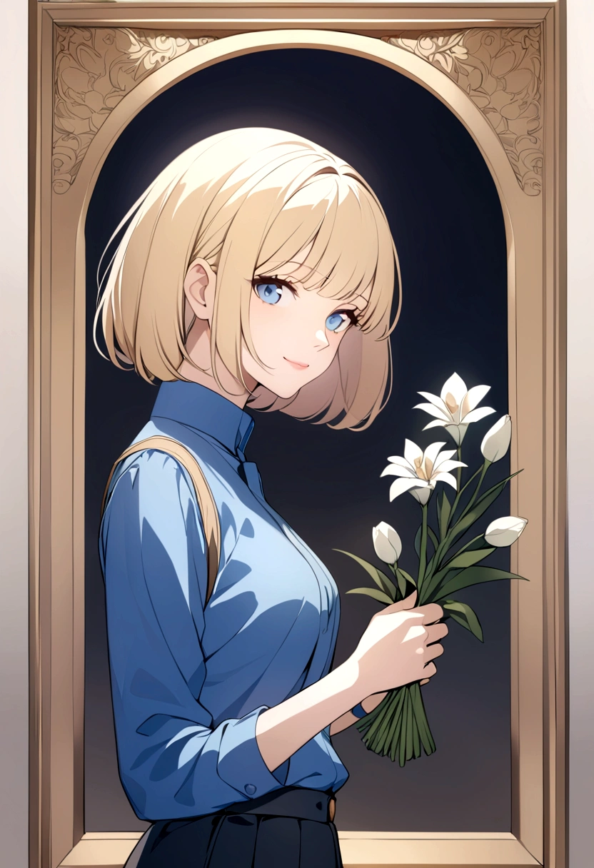 slender, mature female, solo, blonde_hair, closed_mouth, holding, 1girl, blue_eyes, blue_shirt, bangs, lips, short_hair, long_sleeves, shirt, flower, looking_at_viewer, uniform, looking_away, smile, light_smile, from_side, fine_art_parody,