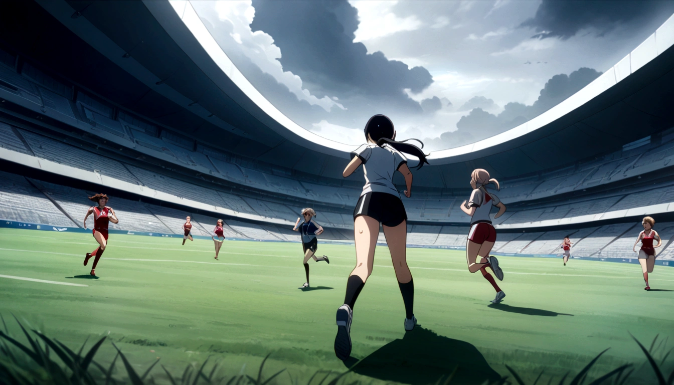 score 9, source anime, wide shot, multiple girls, Female athletes are running at the field of stadium, dynamic angle, perfect face, playful expression, low ponytail, sweat, outdoor, overcast sky, shiny day, dramatic lighting, cinematic, best quality, 8k, masterpiece, ultra-detailed,