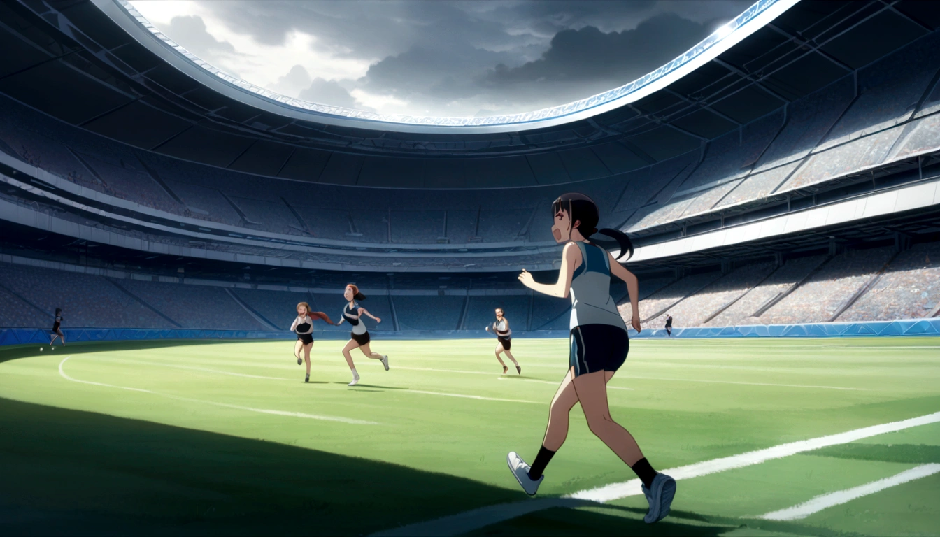 score 9, source anime, wide shot, multiple girls, Female athletes are running at the field of stadium, dynamic angle, perfect face, playful expression, low ponytail, sweat, outdoor, overcast sky, shiny day, dramatic lighting, cinematic, best quality, 8k, masterpiece, ultra-detailed,