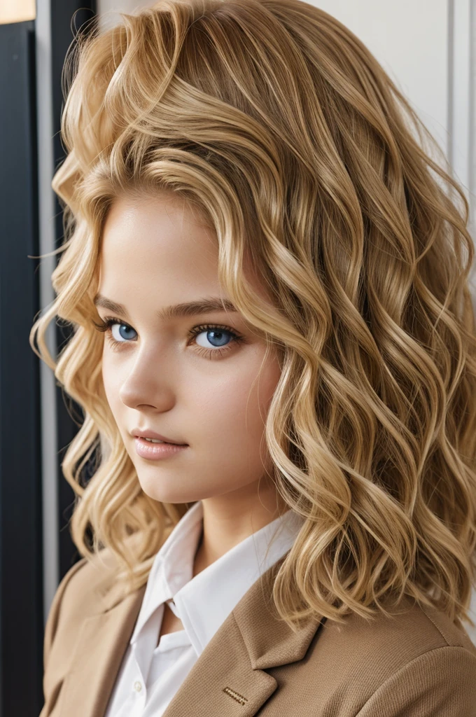 Short girl wavy blonde hair red eyes, AU uniform