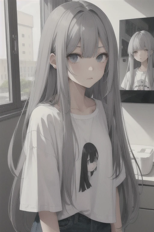 Hair color is gray、Long Straight Hair、With bangs、Eye color: Gray、Wearing a white thigh-length T-shirt、The expression is a troubled face、Girl Illustration