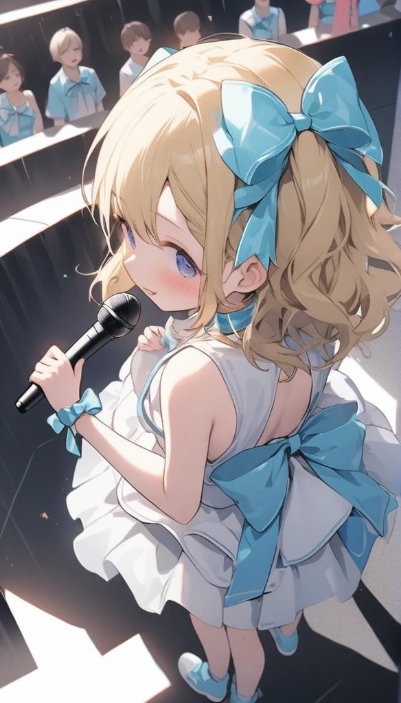 Chibi Character、、、blondes、Brat、Sing with a microphone、white idol costume,A back view of a singer singing to a large audience,Be showered with cheers,Pull angle,Full Shot,Accurate Body,Accurate 5-finger,wireless microphone,whole body,Angle from above and behind,Precisely structured body,From 10m behind,Back view,Spectators holding colorful grow sticks