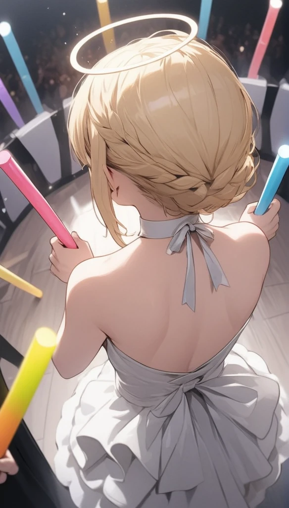 Chibi Character、、、blondes、Brat、Sing with a microphone、white idol costume,A back view of a singer singing to a large audience,Be showered with cheers,Pull angle,Full Shot,Accurate Body,Accurate 5-finger,wireless microphone,whole body,Angle from above and behind,Precisely structured body,From 10m behind,Back view,Spectators holding colorful grow sticks