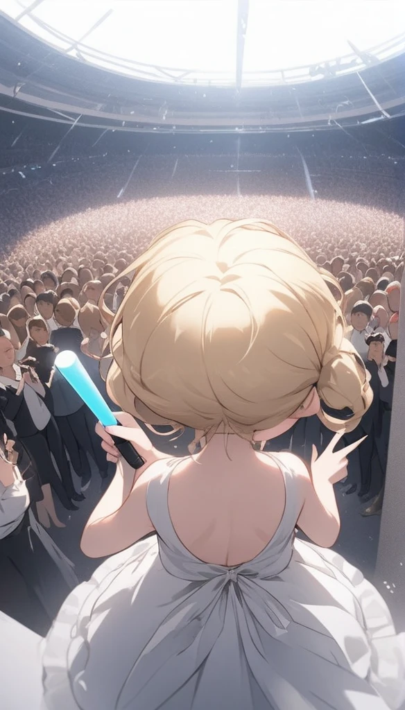 Chibi Character、、、blondes、Brat、Sing with a microphone、white idol costume,A back view of a singer singing to a large audience,Be showered with cheers,Pull angle,Full Shot,Accurate Body,Accurate 5-finger,wireless microphone,whole body,Angle from above and behind,Precisely structured body,From 10m behind,Back view,Spectators holding colorful grow sticks