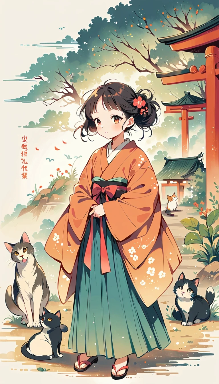 Fujichoco style, kimono, gray hair, whole body, light, temple, Torii, cat, simple background，Simple line initialism, (((The most beautiful girls and boys))), 8K, Nizi,
