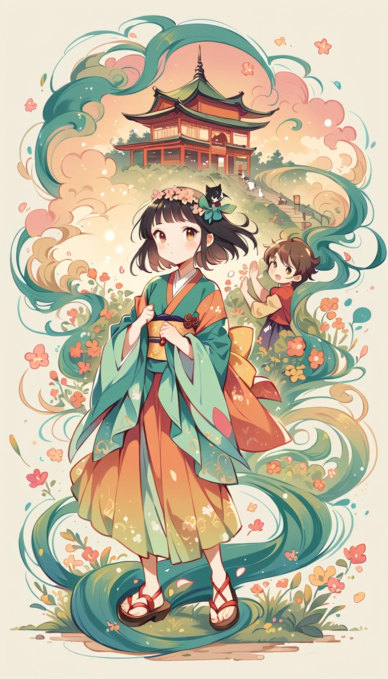 Fujichoco style, kimono, gray hair, whole body, light, temple, Torii, cat, simple background，Simple line initialism, (((The most beautiful girls and boys))), 8K, Nizi,