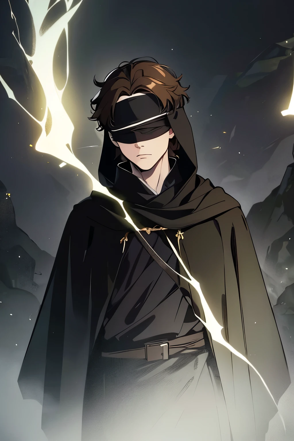 (high-quality, breathtaking),(expressive eyes, perfect face) portrait, Symmetrical Eyes, 1boy, male, solo, adult age, brown hair, cover eyes, bandages, short hair, curly hair, black background, rock floor, eerie haunting lighting, green fireflies, heavy looming fog, hooded black cloak, greek tunic, thin belt, Greek Underworld background, Greek Prophet, fantasy blindfold, Ancient Greek clothing
