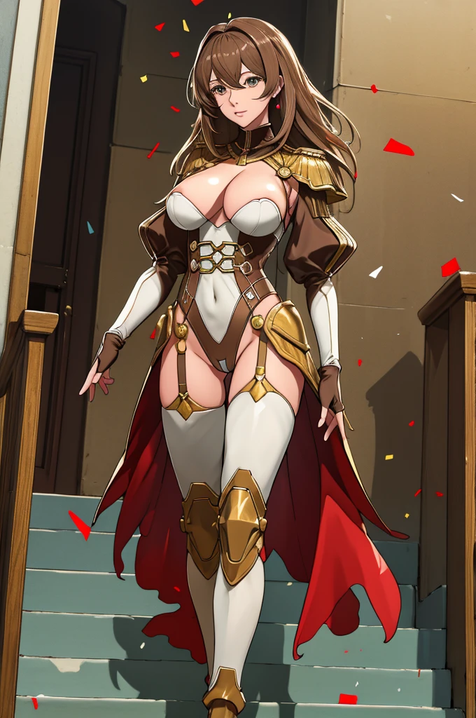 best quality, official art, masterpiece, textile shading, HDR, very detailed, colorful, best details, fantasy, suit, Yuki Mori:1.5, 1 female, 25 years old, brown hair, long hair, best quality, official art, masterpiece, textile shading, HDR, very detailed, colorful, best details, fantasy, battle suit,1 female, 25 years old, standing on stairs,In the town with an old castle,Walking to the palace, Many stars々Shining night,choppy hair, big breast, skinny, {Surrounded by a large crowd:1.9}、Confetti flutters、Blessed、Being welcomed:1.5、cameltoe:1.3, ground level shot:1.9,