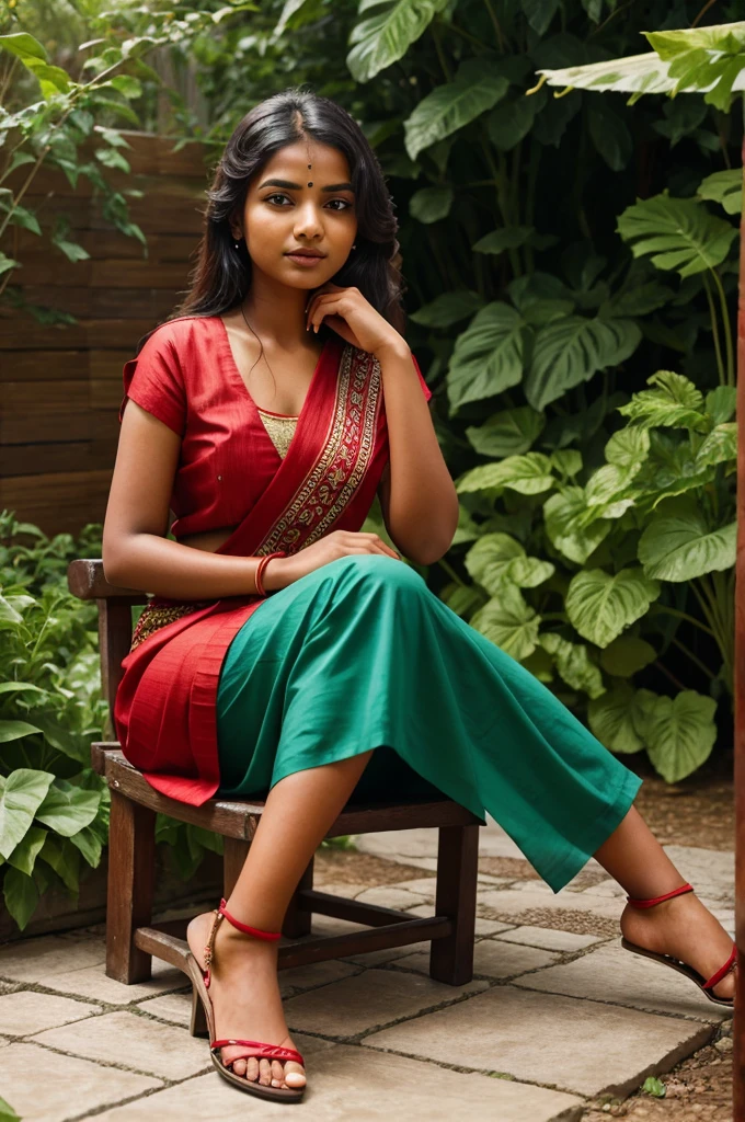 An Indian girl is sitting in a garden and it is raining, she is wearing a red colored bhara and pedi